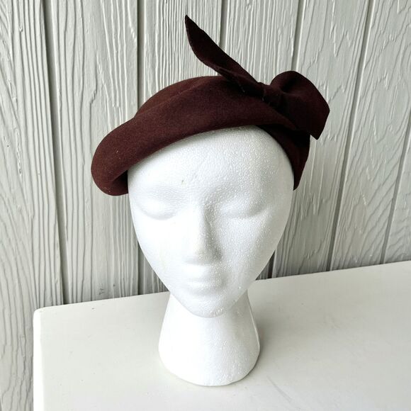 VTG 1950s Brown Wool Felt Cocktail Hat w/ Bow – Union Made USA Mid-Century - Picture 2 of 12